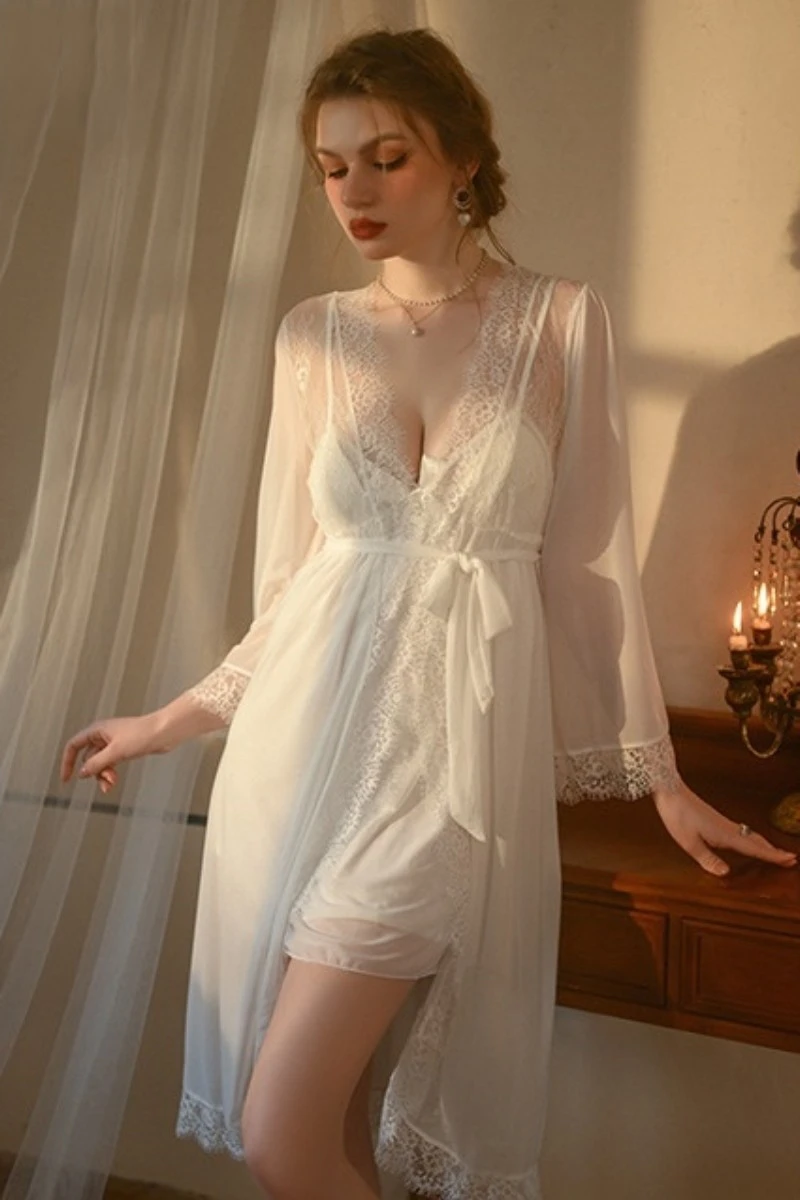 White lace long nightgown with deep V neckline and soft chiffon layers, suitable for bulk sexy long nightgowns supply