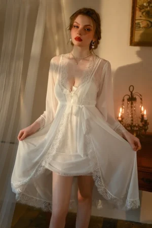 Model wearing a white lace long nightgown with sheer sleeves, shown as bulk sexy long nightgowns for women buyers