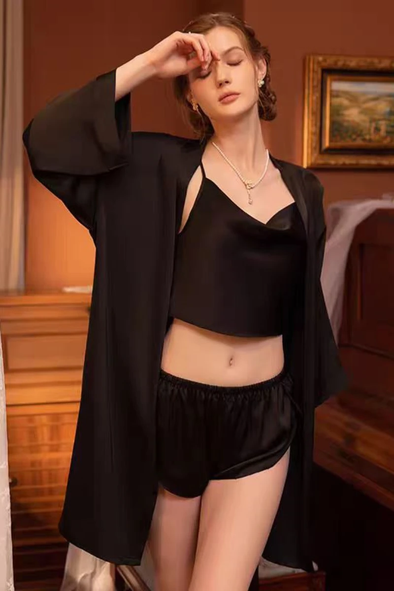 Black satin bulk Sexy Nightgown for Honeymoon with cropped cami, matching shorts, and long robe