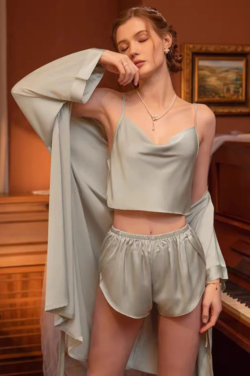 Green satin bulk Sexy Nightgown for Honeymoon with cami top, shorts, and lightweight robe