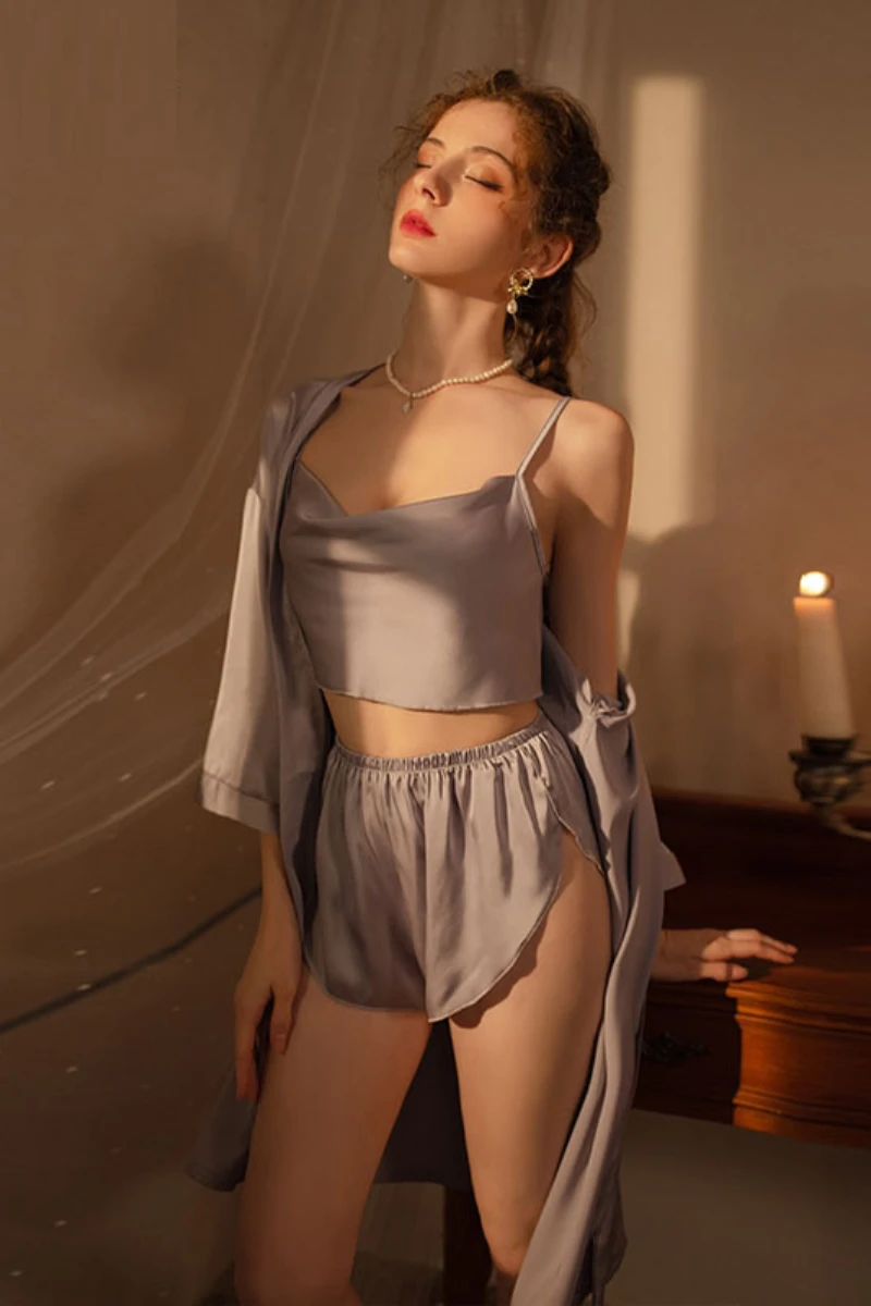 Grey satin bulk Sexy Nightgown for Honeymoon featuring cropped top, loose shorts, and matching robe