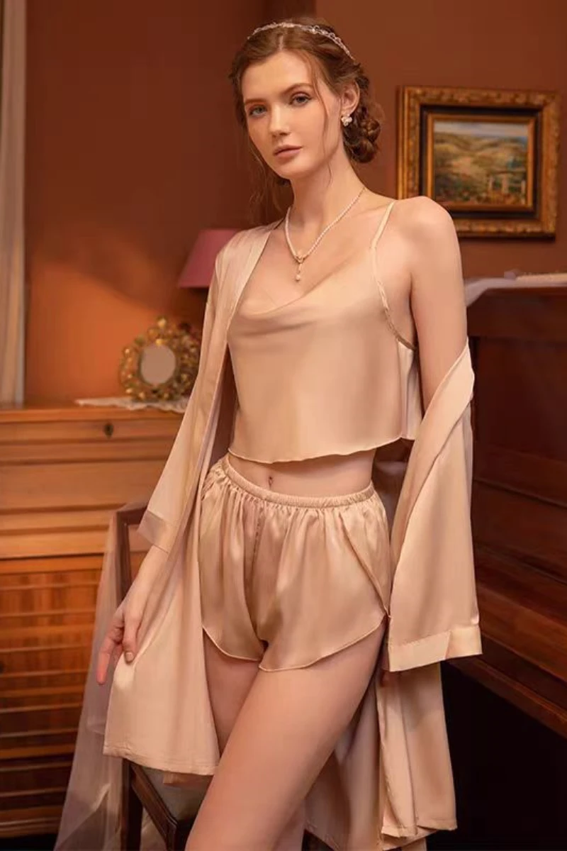 Nude satin bulk Sexy Nightgown for Honeymoon with soft cami top, loose shorts, and sheer robe