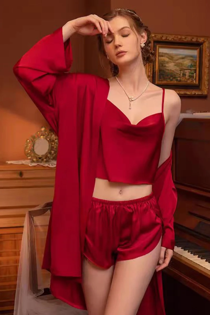 Red satin bulk Sexy Nightgown for Honeymoon with cami top, shorts, and matching robe for bridal use