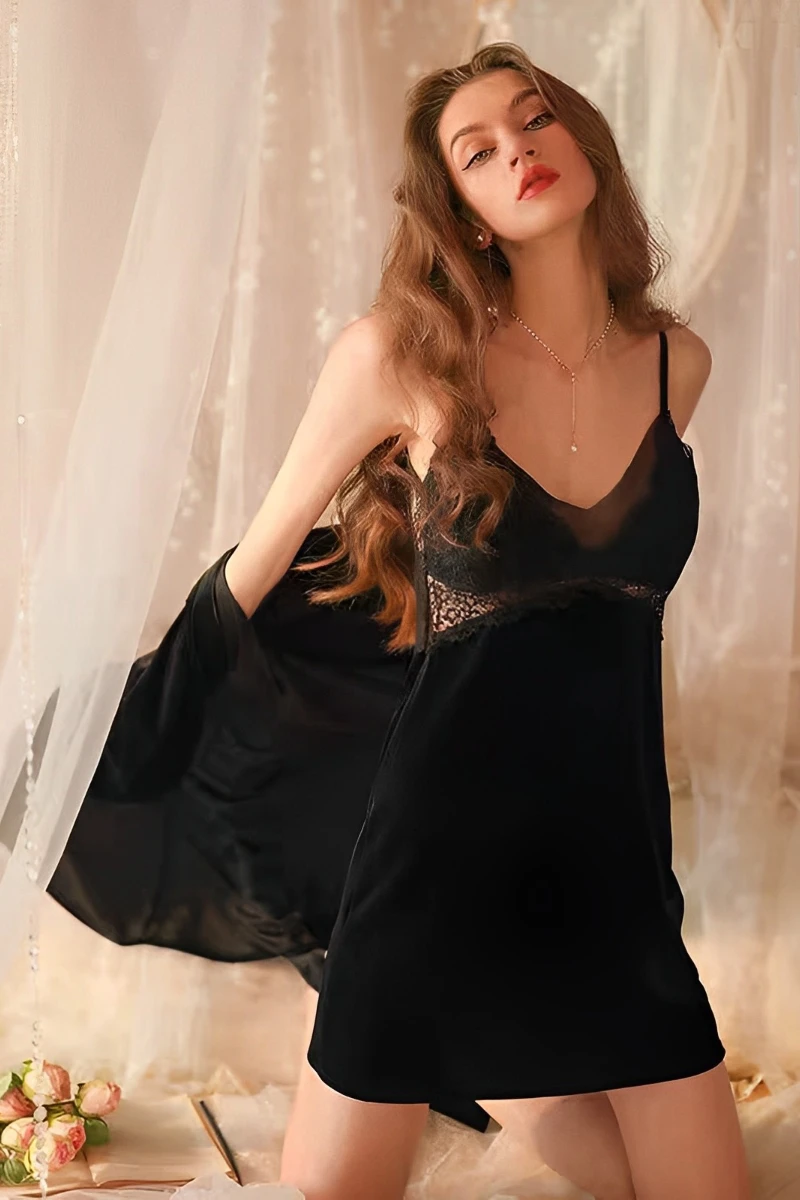 Black sheer slip nightdress with lace panel and robe, ideal for bulk sexy nightgowns supply