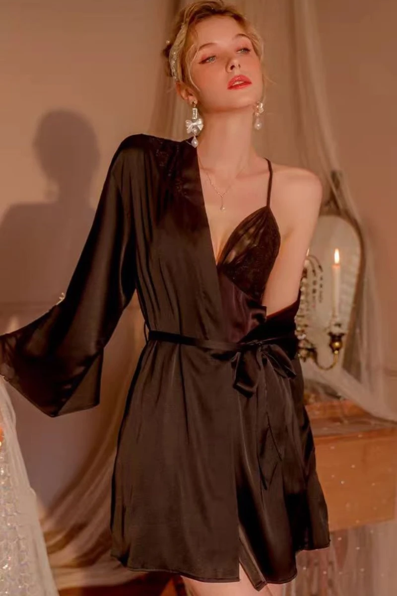 Black sheer slip dress paired with a belted robe, suitable for bulk sexy nightgowns for women supply.
