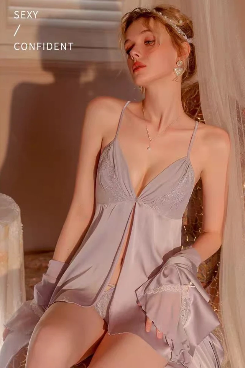 Grey lace-trimmed slip nightdress with flowing cut, part of bulk sexy nightgowns for women offerings.