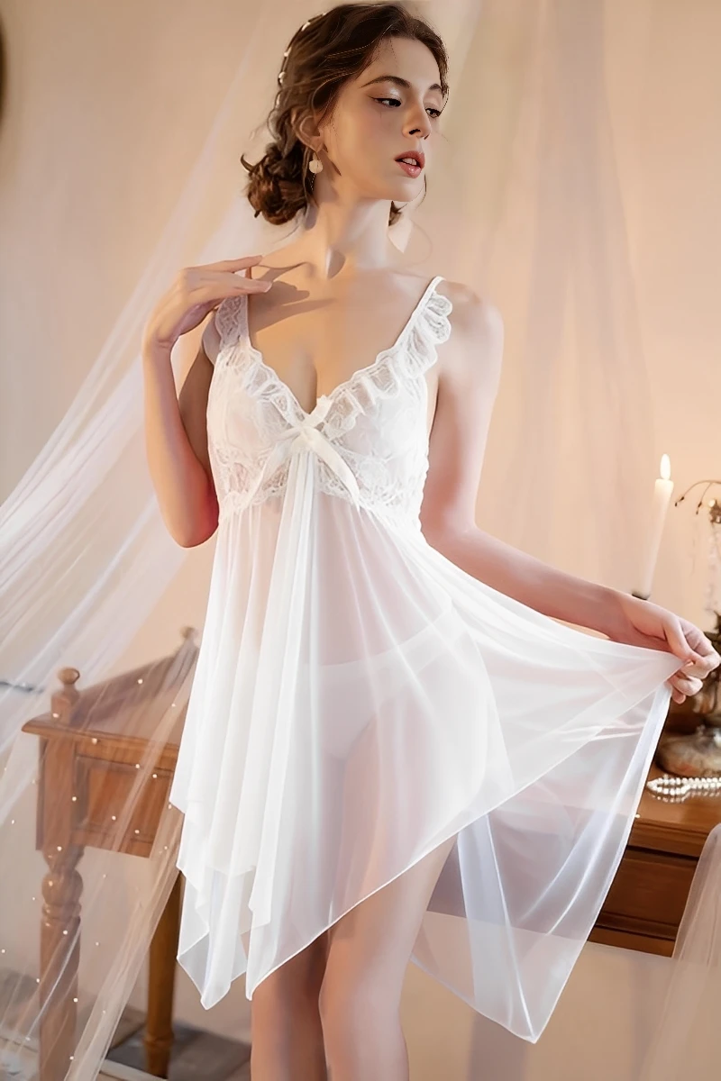 White bulk silk lace pajama set with sheer silk skirt and lace bodice designed for bridal and wholesale lingerie supply.