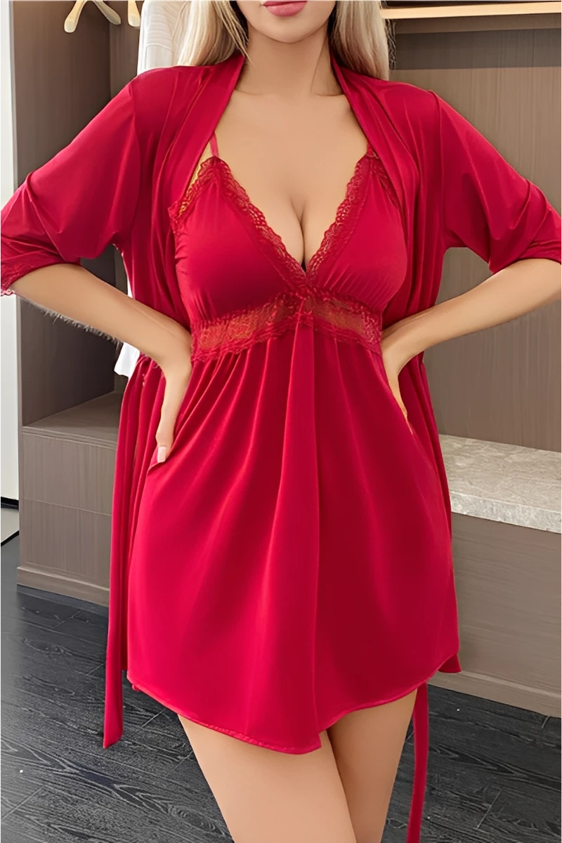 Model wearing a wine red bulk Strappy Sexy Nightgown featuring adjustable straps, lace neckline, and a matching lightweight robe.