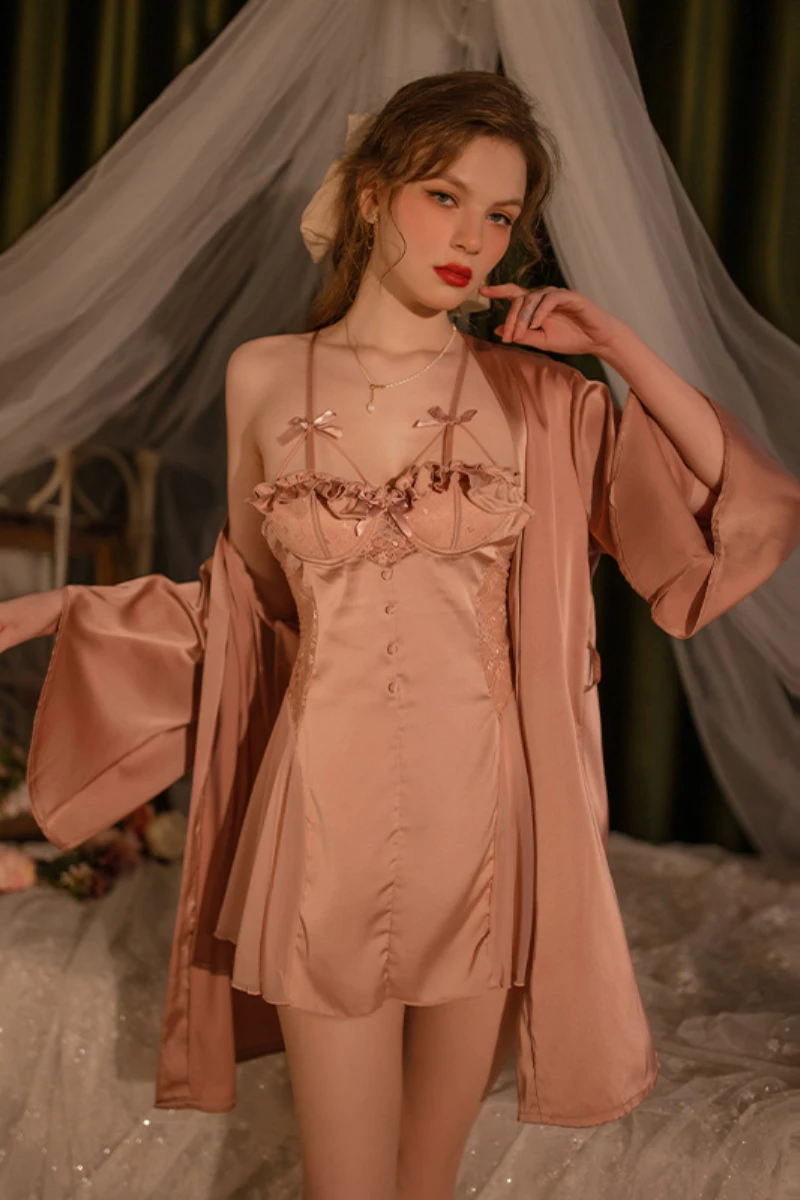 Blush pink satin nightgown with lace bodice, part of bulk women sexy nightgowns assortment