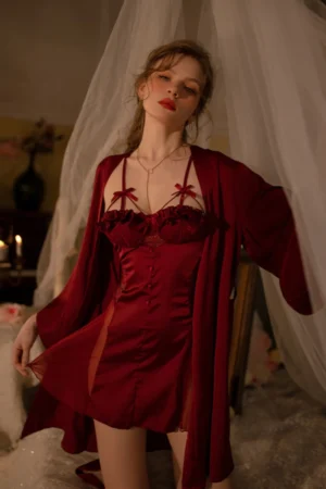 Model wearing a deep red satin nightgown with lace details, styled as bulk women sexy nightgowns for B2B lingerie buyers
