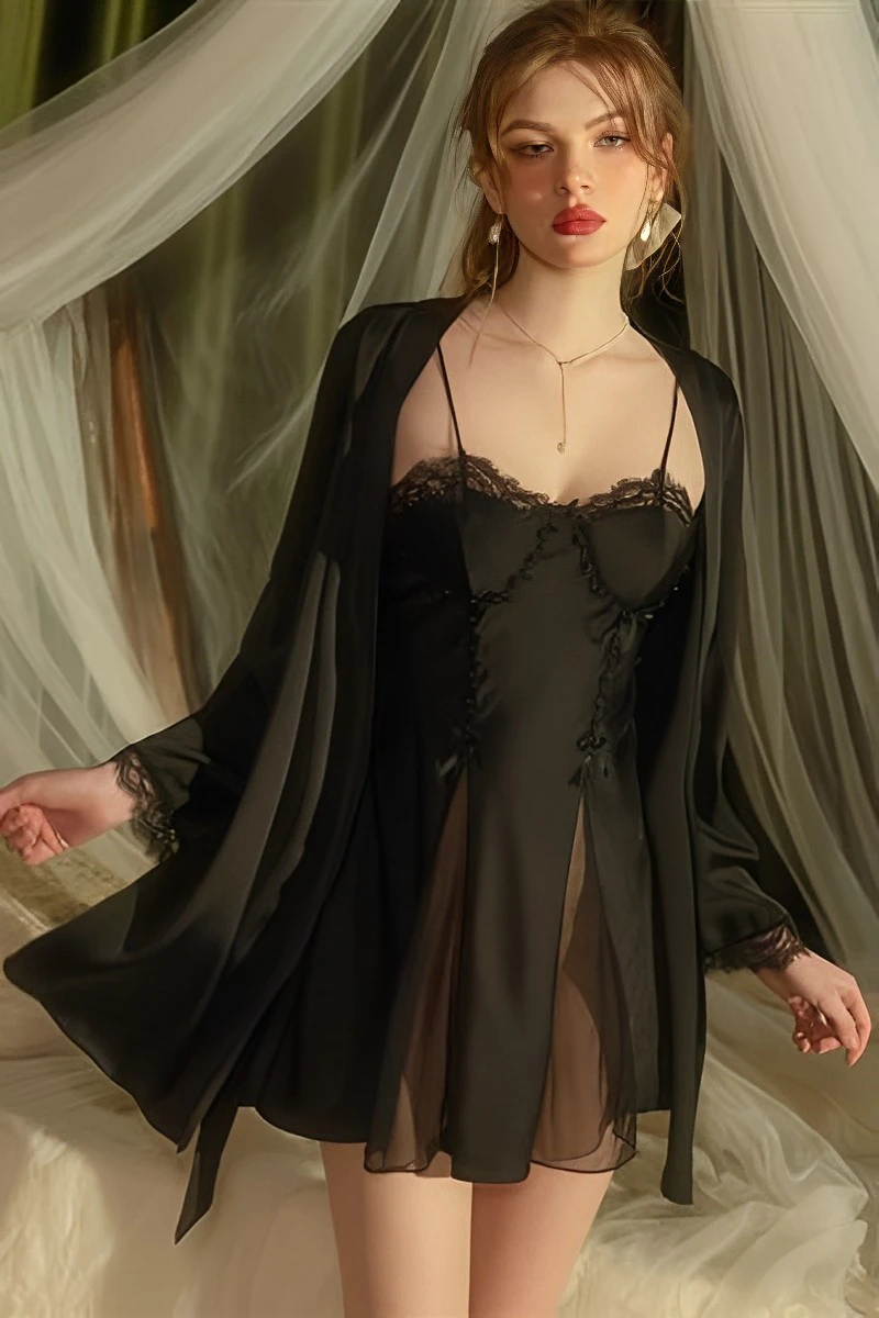 Woman wearing a black lace nightgown with sheer robe, highlighting a slim fit style for bulk lace sexy nightgowns supply