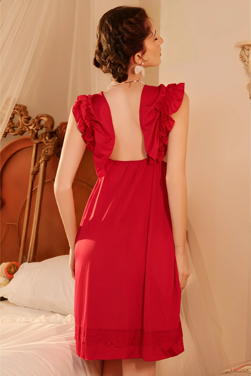 Back view of cotton lace pajama set in burgundy showing open back, ruffle straps, and soft cotton skirt.