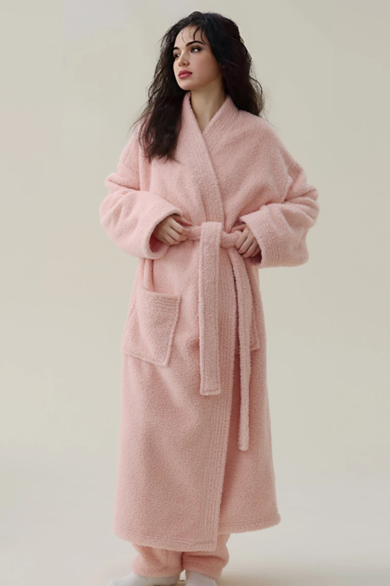 Model wearing a cotton sexy nightgown with matching pink robe, featuring a relaxed fit and belted waist design