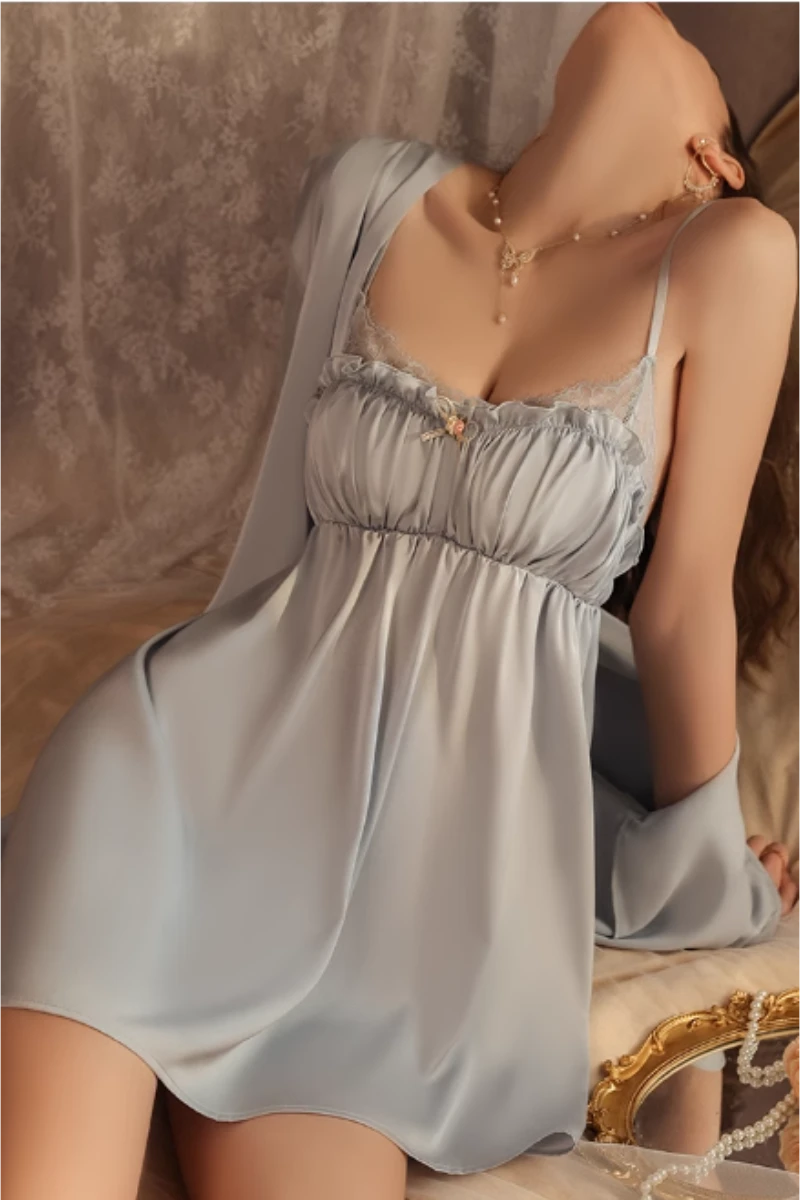 Light blue custom cotton sexy nightgown with lace trim and flowing design, displayed as women’s intimate sleepwear
