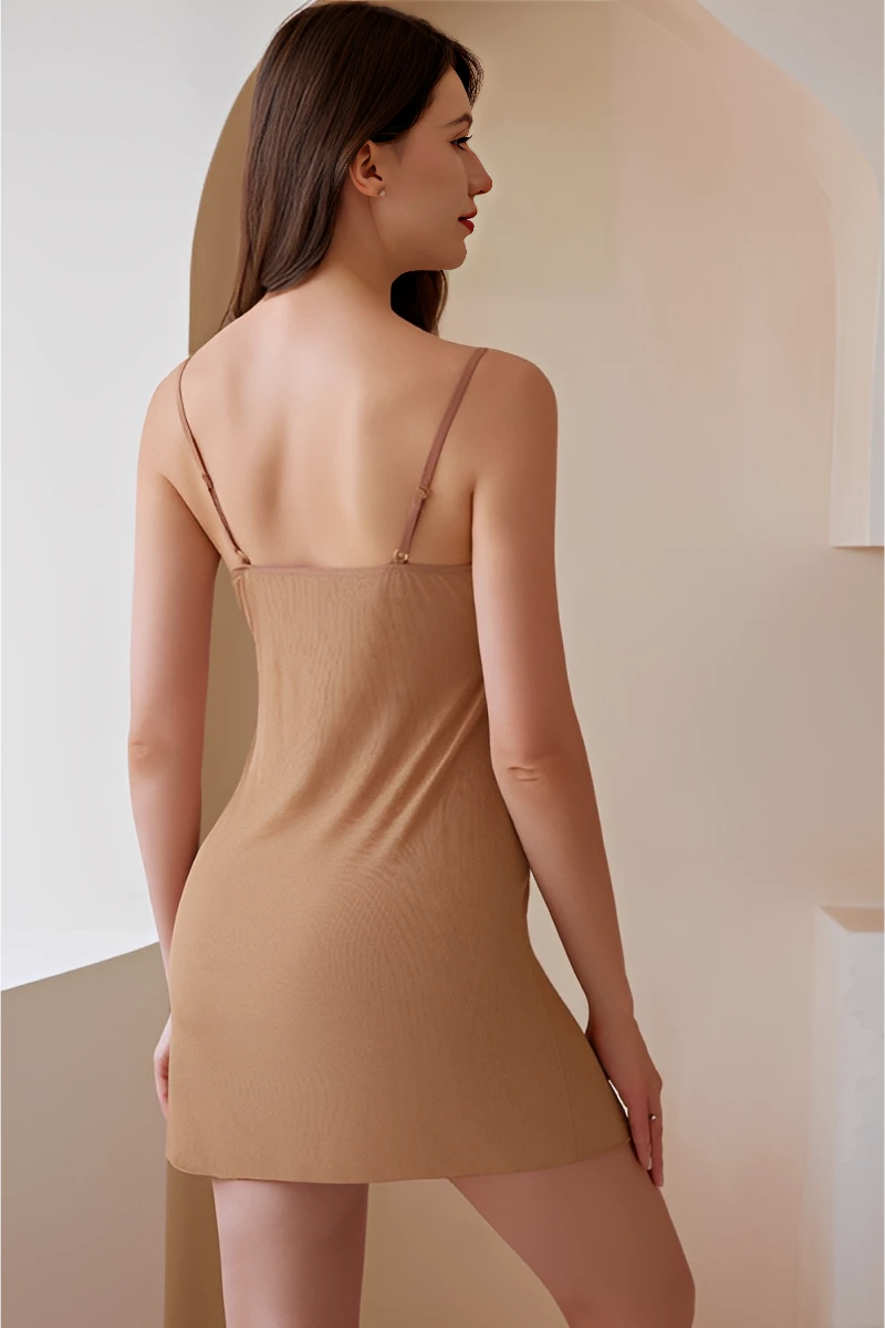 Back view of beige custom lace pajama showing adjustable shoulder straps and clean backline finish