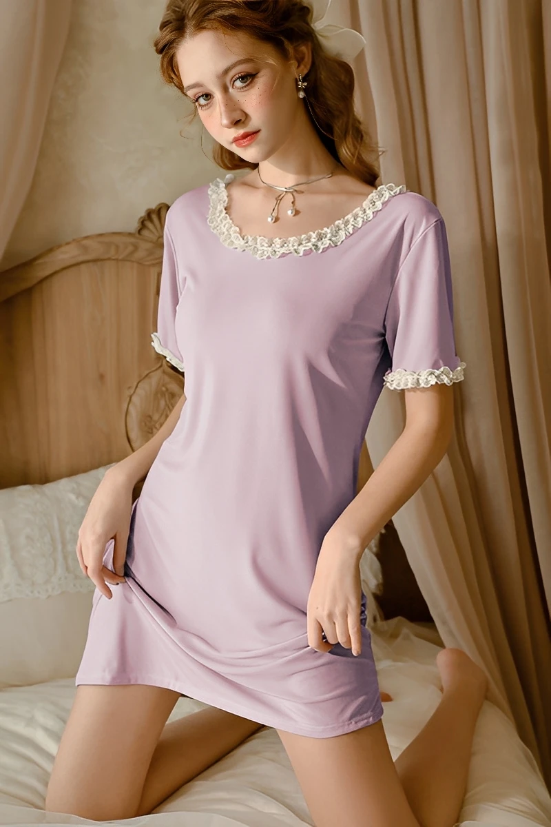Model wearing a lavender pajama dress with lace trim, representing a custom lace pajama set for B2B lingerie supply