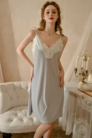 Model wearing a grey lace V-neck slip nightdress, presented as a custom lace trim pajama set for B2B lingerie supply