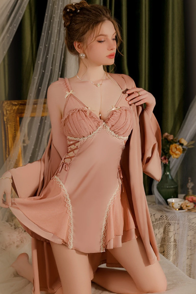 Model wearing custom nightgowns sexy lace-trimmed slip with side lacing and soft drape, paired with a lightweight robe.