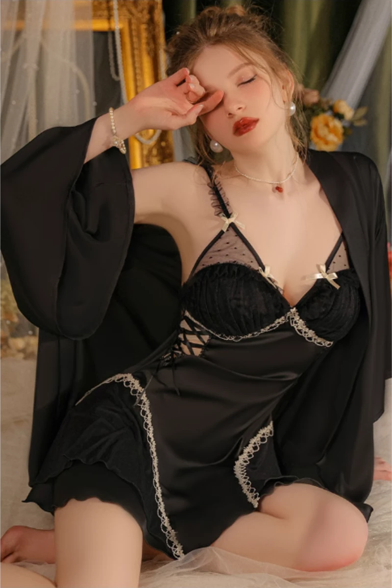 Custom nightgowns sexy sheer mesh slip featuring lace panels, thin straps, and a coordinated outer robe.