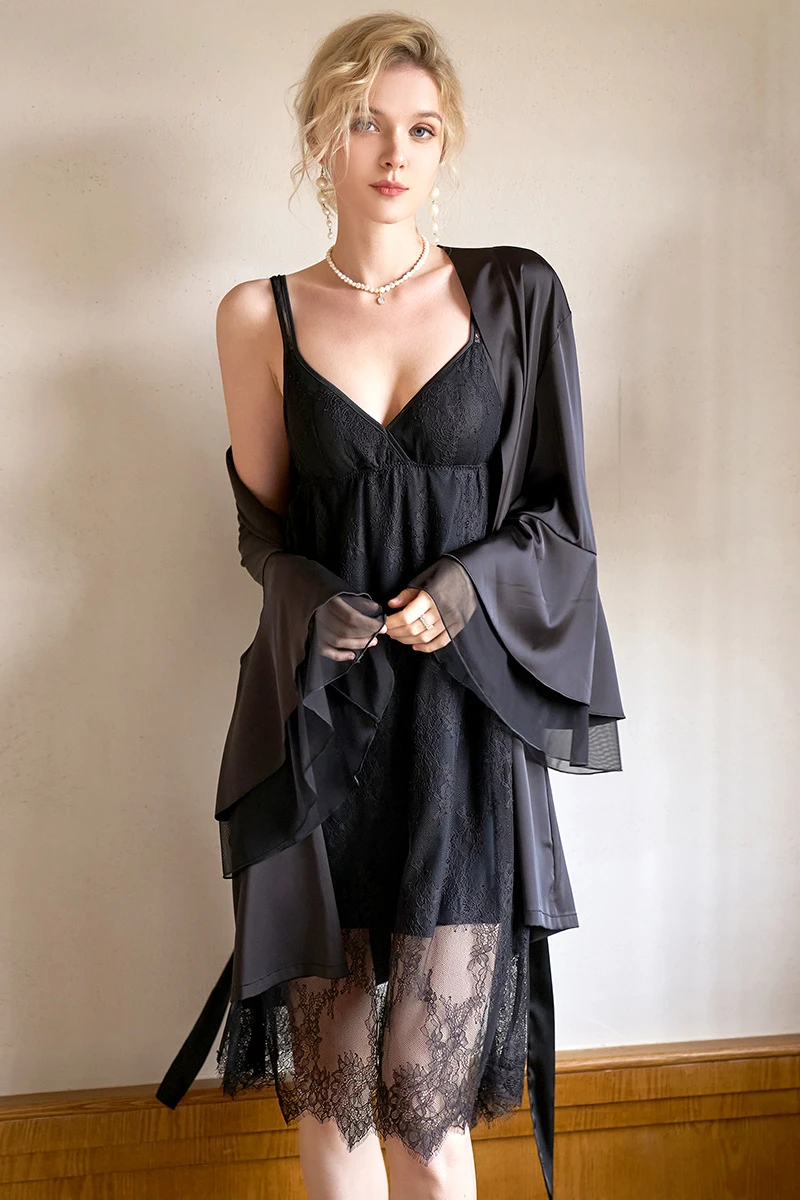 Custom sexy black nightgown worn with a smooth satin robe, highlighting lace details and a relaxed feminine silhouette
