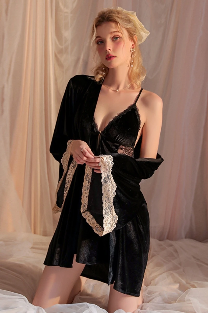 Custom sexy long nightgowns in black lace and satin blend with long sleeves and fitted bodice