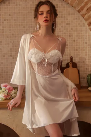 White lace custom sexy nightgown women with sheer bodice, slim straps, and flowing skirt