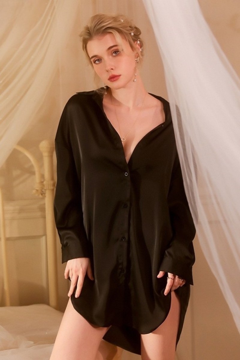 Black satin shirt-style custom sexy nightgown for women with deep V neckline and long sleeves, designed for elegant fashion sleepwear.