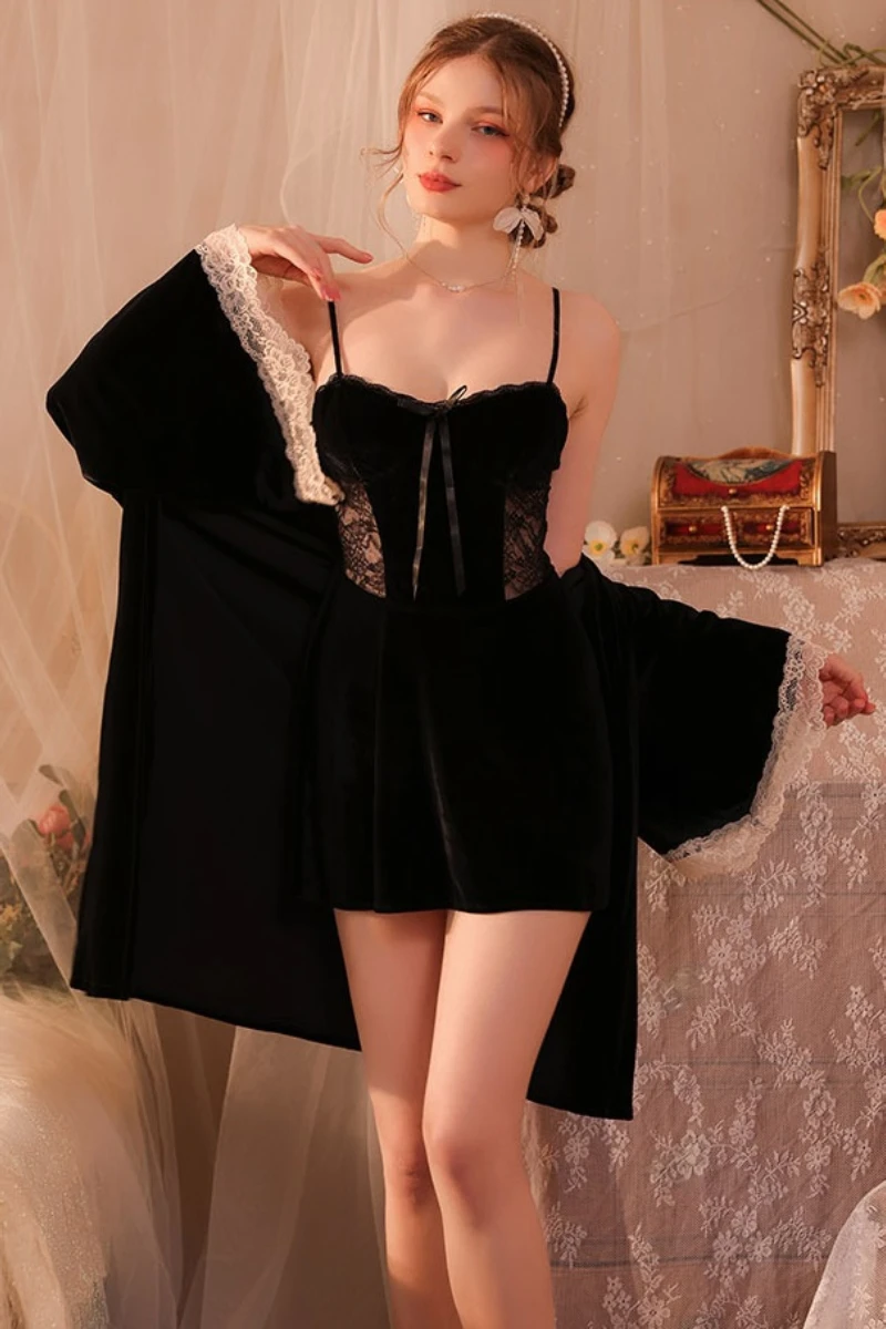 Model wearing black lace custom sexy nightgowns for women with spaghetti strap slip and wide-sleeve lace trim robe