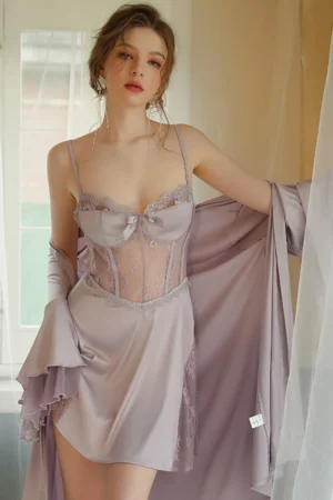 Model wearing a custom sexy see through nightgown in light purple, featuring a sheer lace slip dress with matching lightweight robe