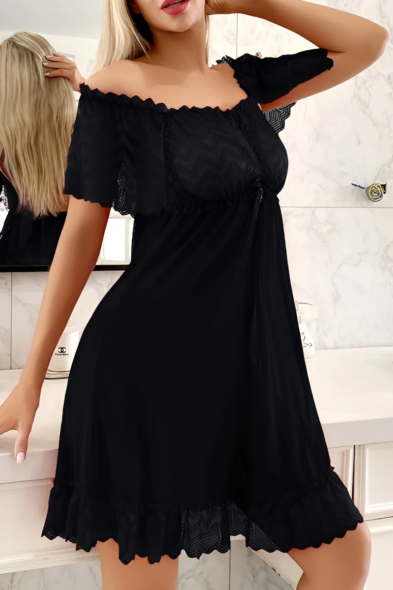 Model wearing a black off-shoulder lace sheer nightdress, featured as a custom silk lace pajama set for wholesale buyers
