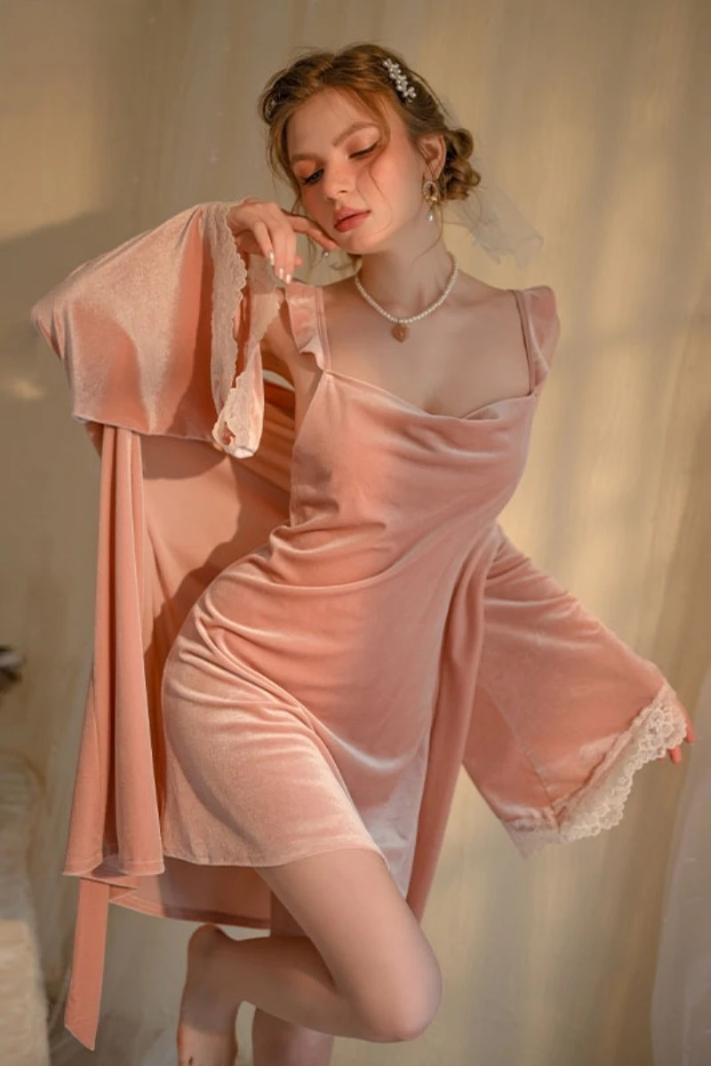 Model showcasing custom women sexy nightgowns in blush pink with a soft velvet texture and lace-accented robe.