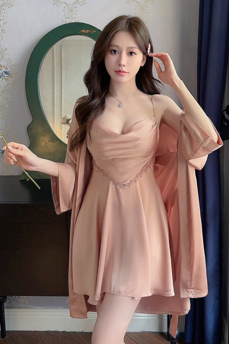 Blush pink custom womens sexy nightgown with satin finish, slim straps, and coordinated robe, styled for feminine nightwear collections