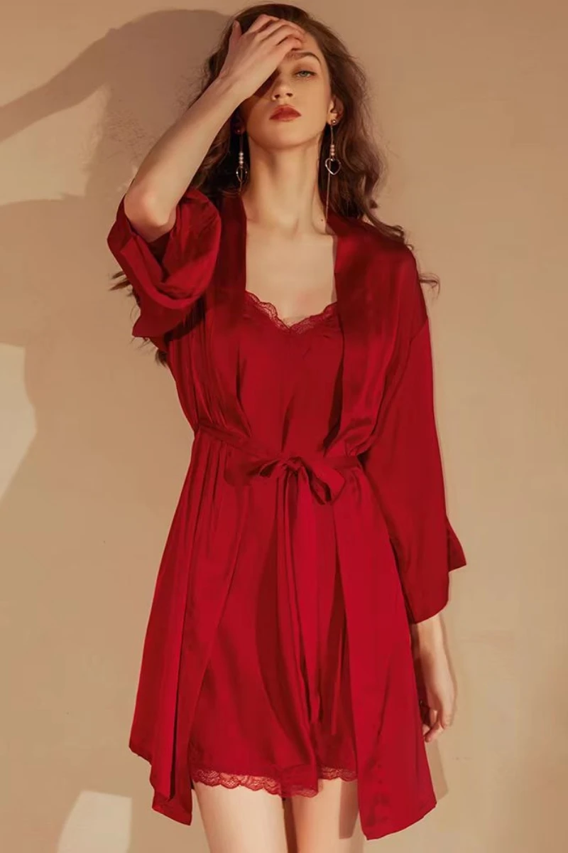 Red b2b long sexy nightgowns with lace accents and long silhouette, designed for lingerie and nightwear supply