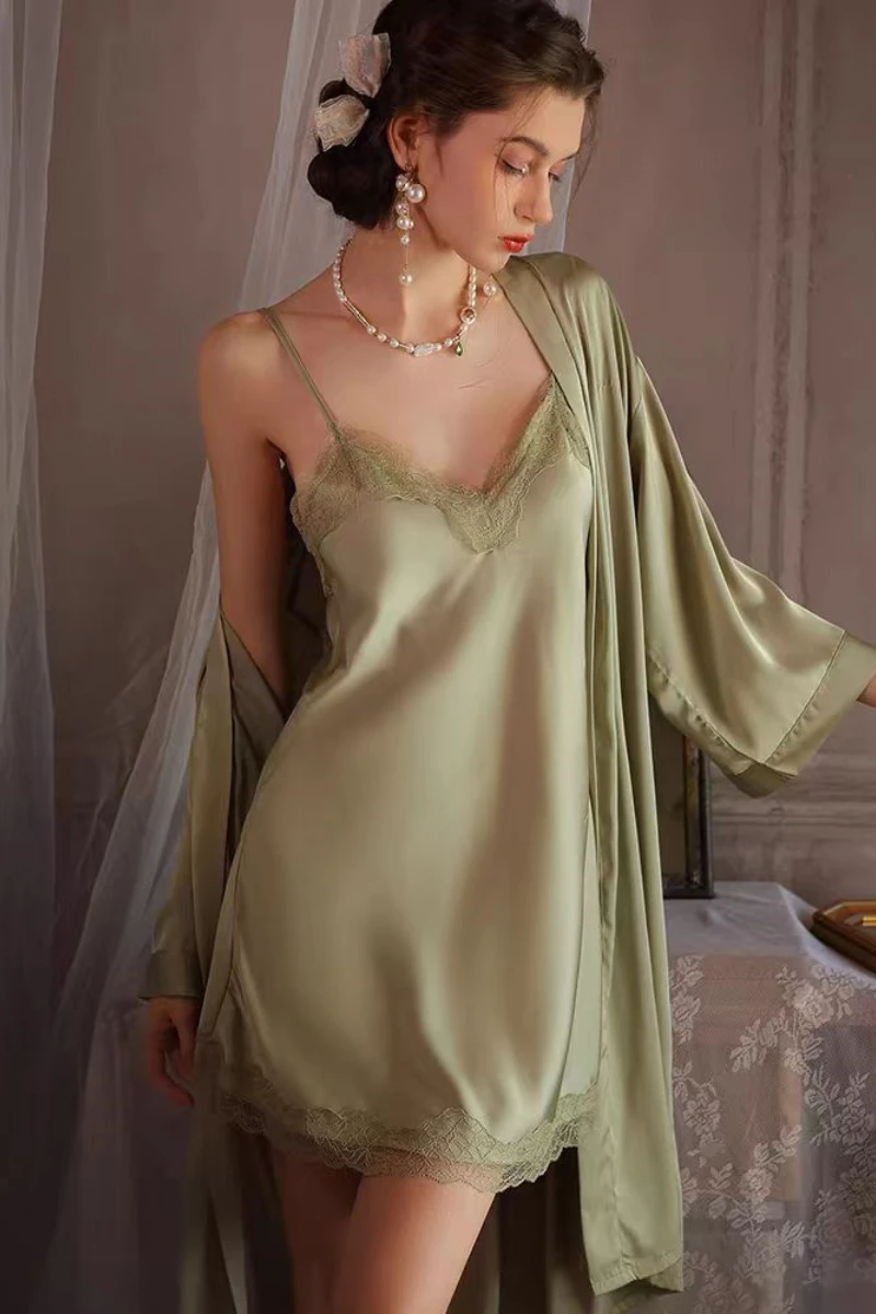 Green b2b long sexy nightgowns featuring lace neckline and long relaxed fit for wholesale supply