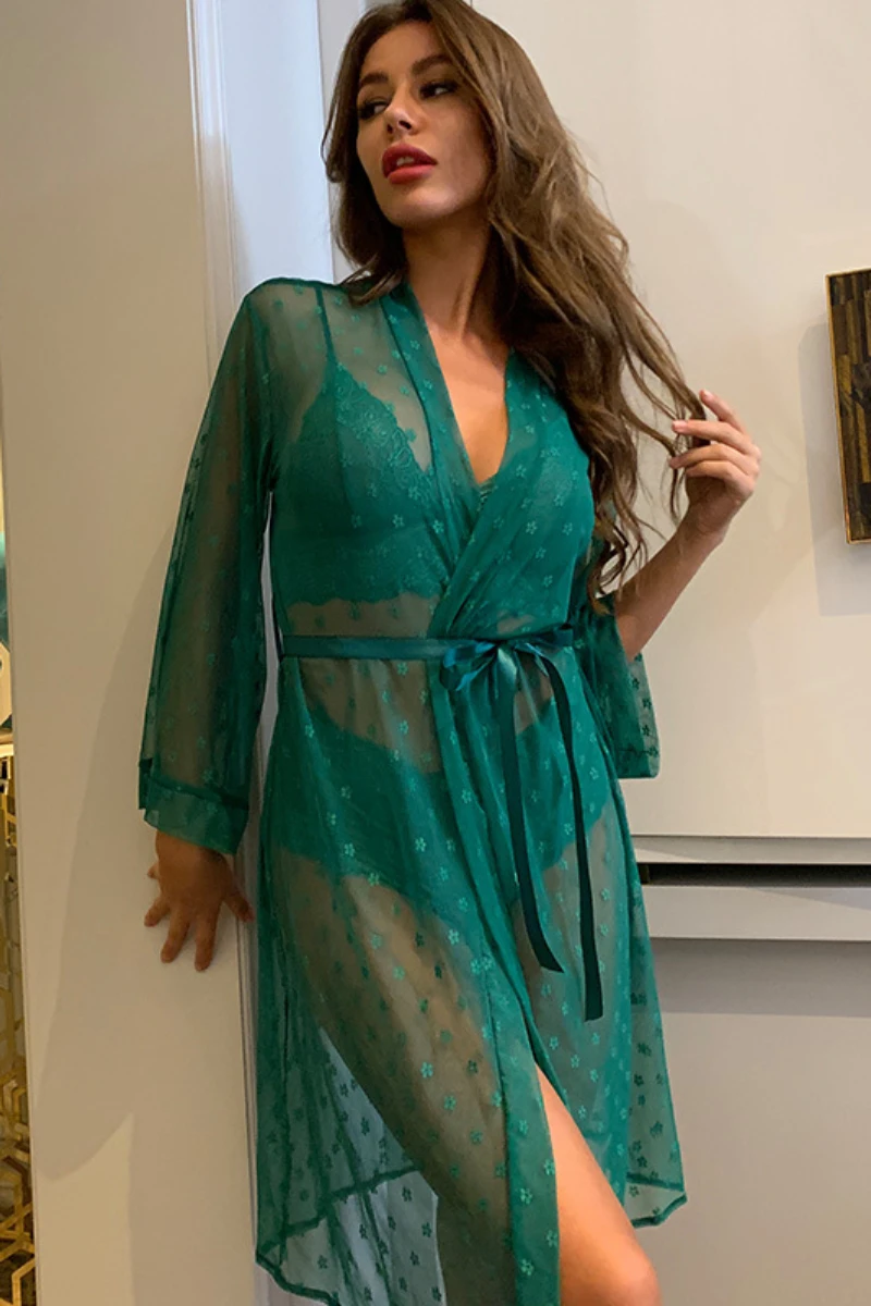 Green sheer lace robe with matching lingerie, designed as a wholesale sexy lingerie nightgown.
