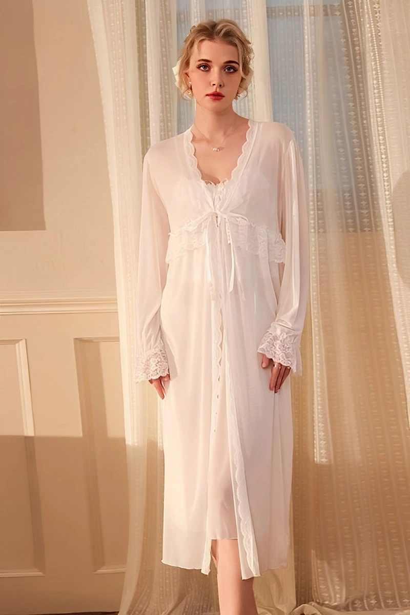 Model wearing lace sexy nightgowns in white sheer fabric with lace trim and long sleeves for a romantic nightwear look