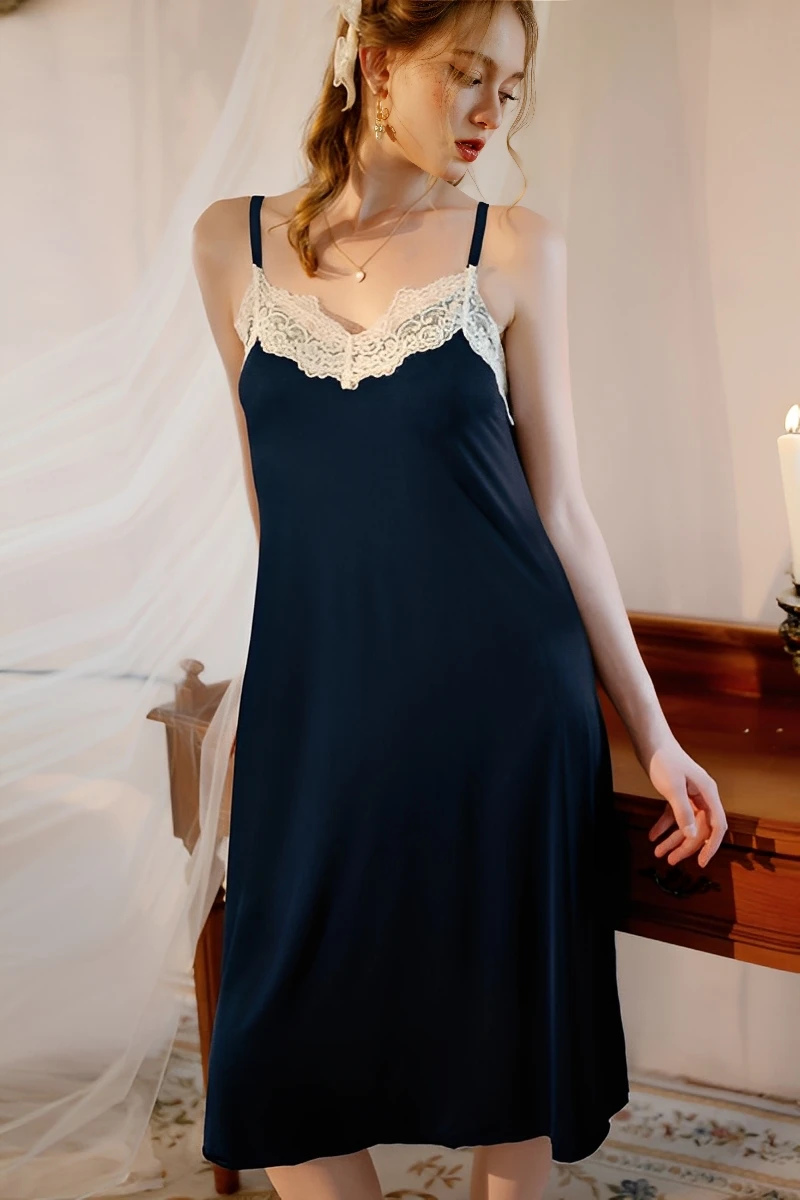 Navy blue lace trim satin pajama set featuring a smooth satin finish and contrast lace neckline