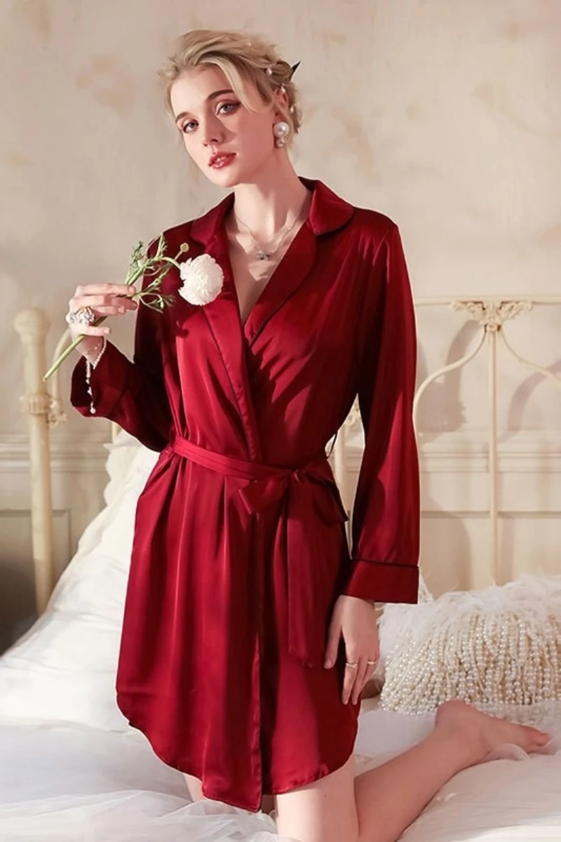 Long sexy nightgowns in deep red satin shown from the back, highlighting a flowing silhouette and smooth fabric drape for sensual nightwear styling.