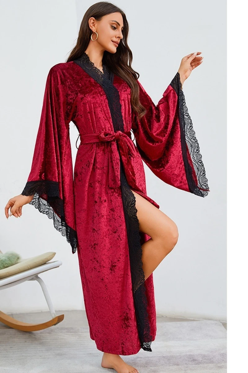 Front view of a long velvet womens sexy nightgown with deep V neckline, lace trim, and adjustable waist belt.