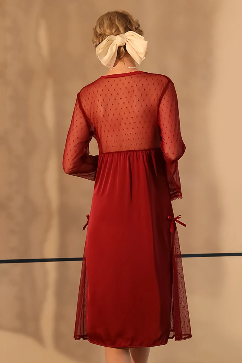 Back view of nightgowns sexy red lace nightdress showing sheer fabric, soft drape, and elegant long silhouette