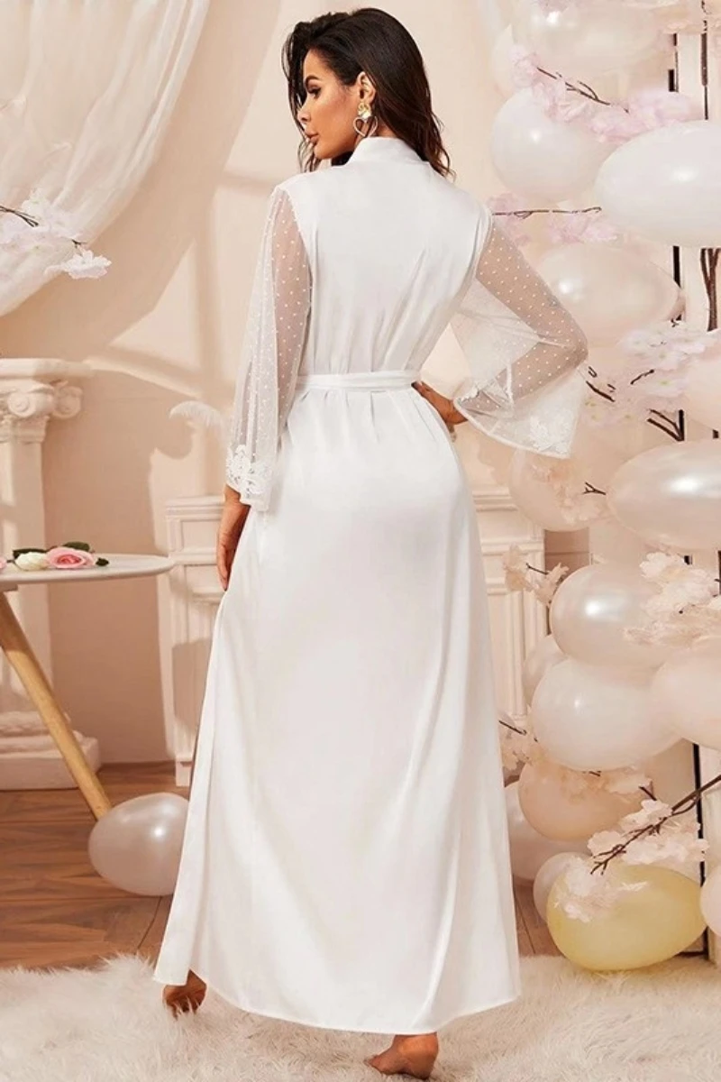 Back view of white long lace robe with sheer sleeves and smooth satin body, suitable for oem lace sexy nightgowns production
