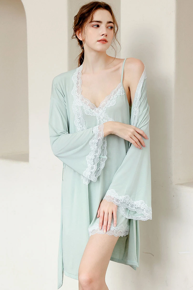 Mint green cotton nightgown with lace trim and relaxed fit, designed as oem sexy cotton nightgown