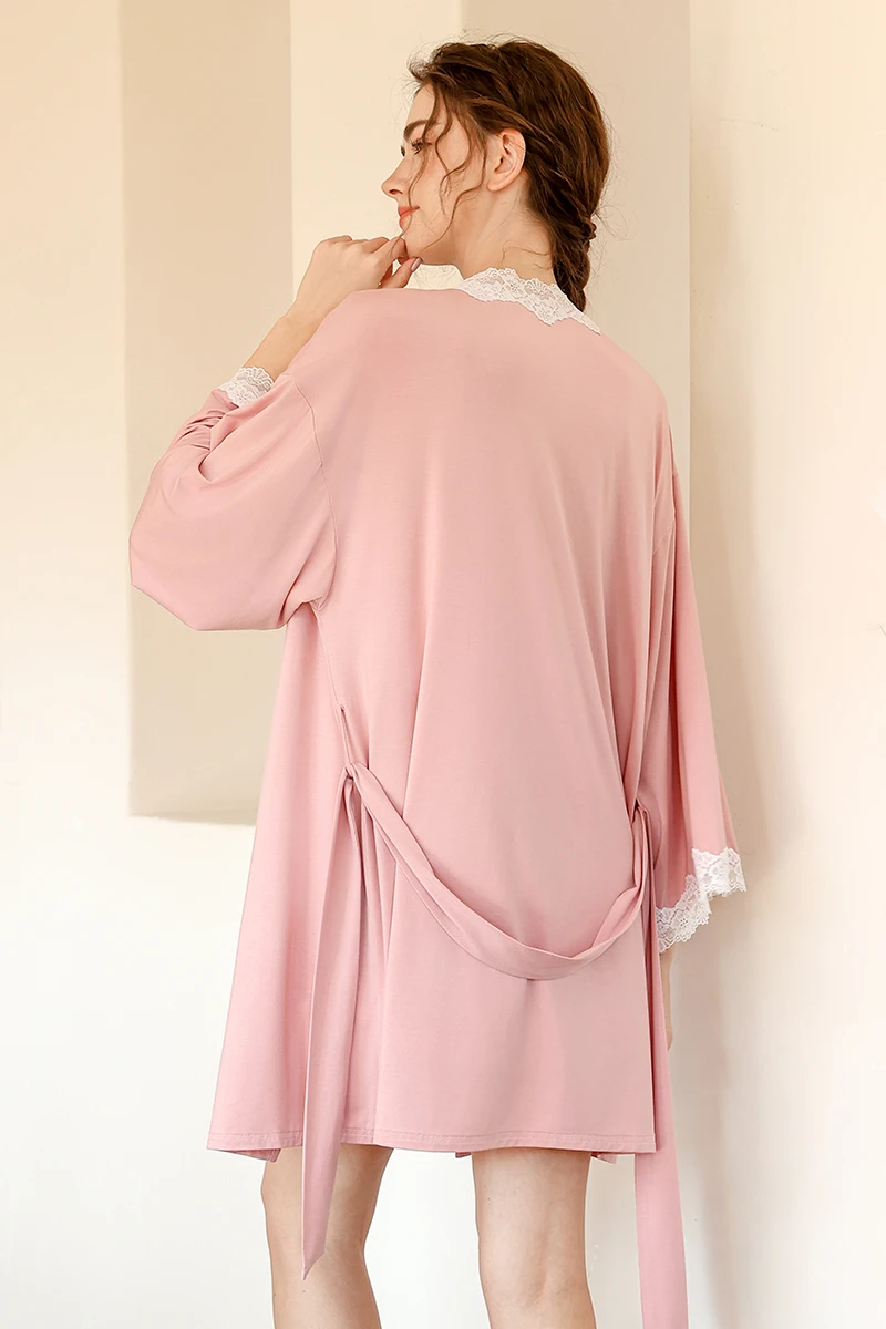 Back view of pink cotton nightgown and robe with lace trim, shown as oem sexy cotton nightgown for wholesale supply