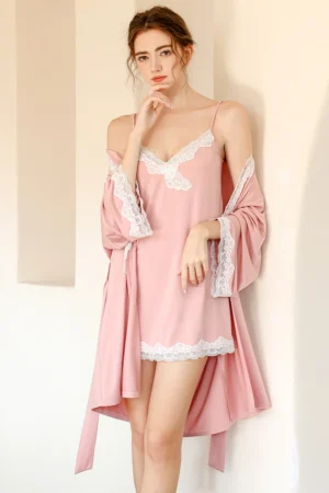 Model wearing pink cotton slip nightgown with lace neckline and matching robe, designed as oem sexy cotton nightgown set