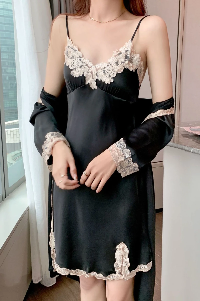 Black oem sexy long nightgowns with lace neckline and hem, shown as a long satin nightdress with matching outer layer.