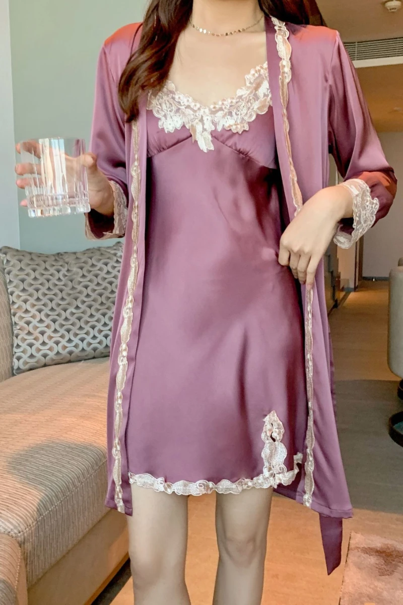 Purple oem sexy long nightgowns designed with satin-look fabric and lace trim, styled as a long nightdress and robe set.