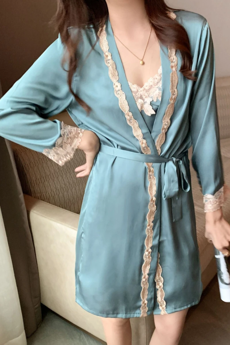 Green oem sexy long nightgowns featuring a lace-trimmed slip dress and belted robe designed for women’s nightwear.