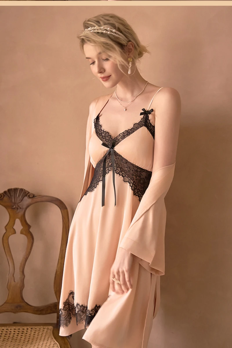 Peach-colored slip nightgown with lace detailing and matching robe, designed for OEM sexy nightgowns for women wholesale collections.