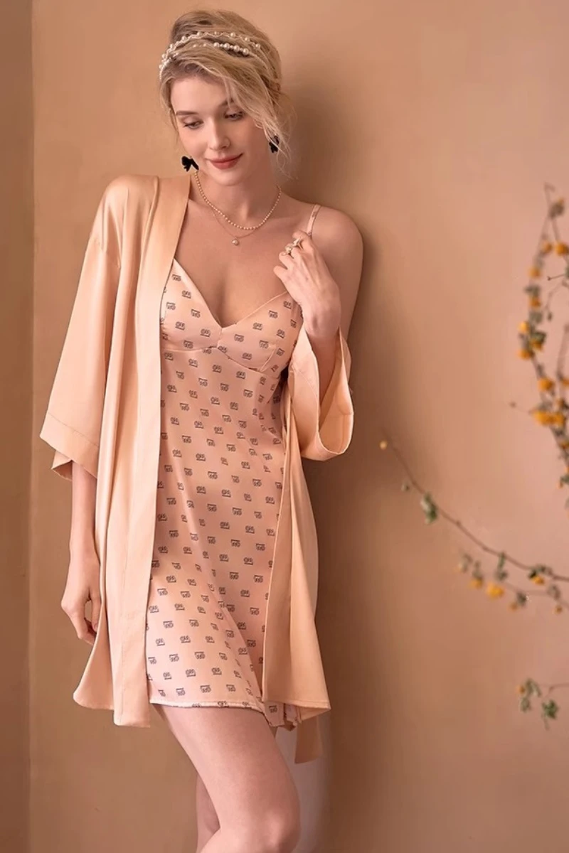Peach-colored printed slip nightgown with a lightweight matching robe, presented as an OEM sexy nightgowns style for lingerie brands.