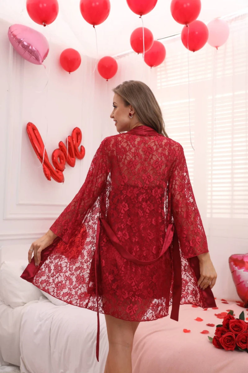 Back view of oem sexy silk nightgown set showing sheer lace robe details and satin slip fit for women